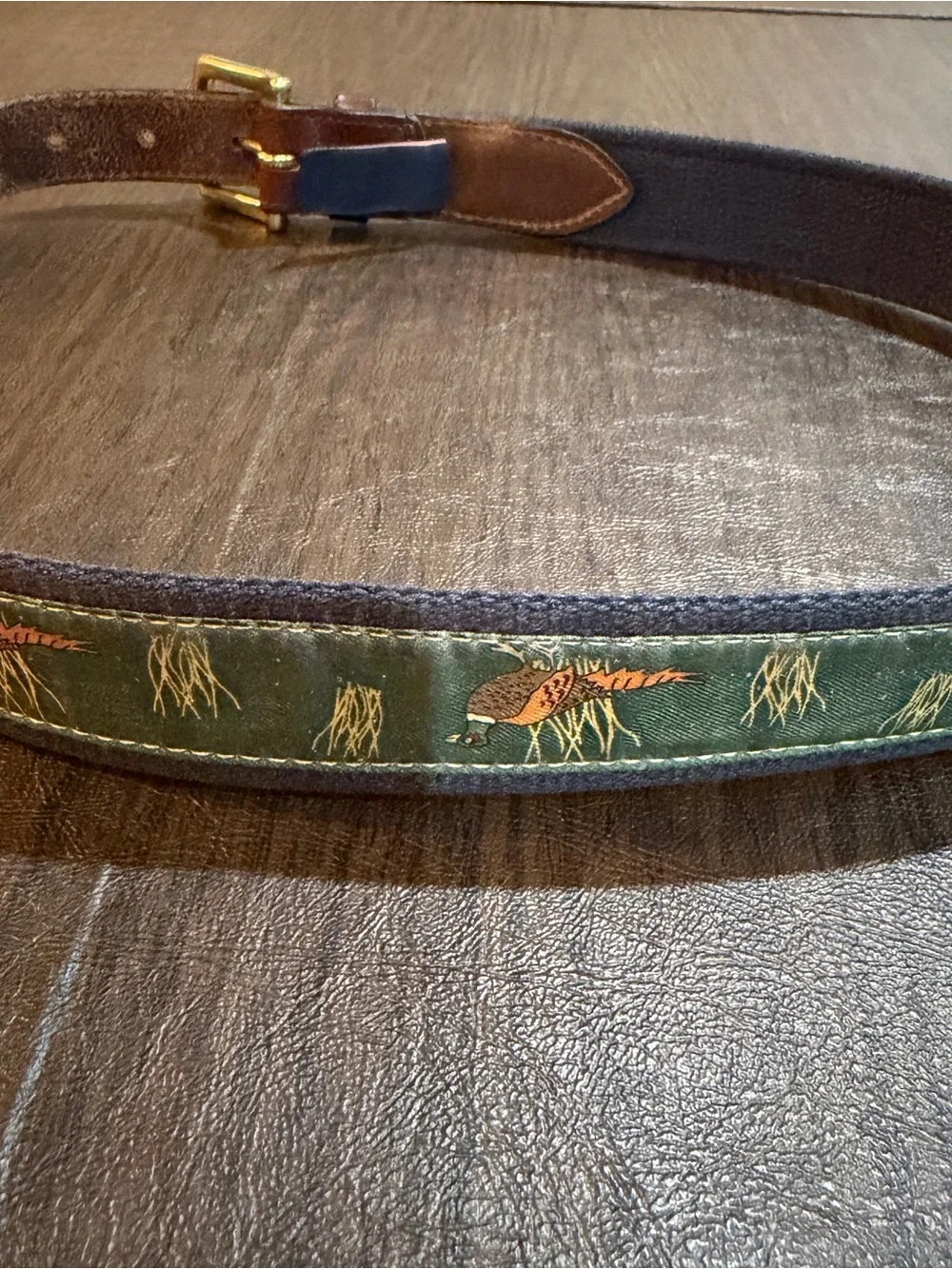 Vineyard Vines Pheasant Leather Canvas Brown Men’s Belt Brass Buckle Sz 34
